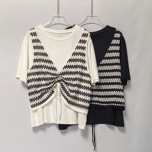 大码女装假两件条纹针织短袖T恤女2025夏季新款宽松减龄黑色上衣