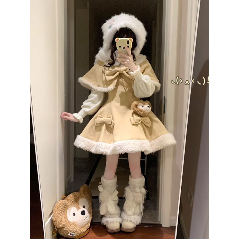 冬装日系软妹毛呢斗篷蝴蝶结显瘦公主蓬蓬短裙套装洛丽塔lolita裙