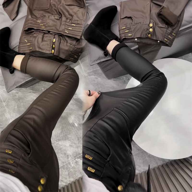 高腰涂层加绒皮裤九分加绒磨毛女