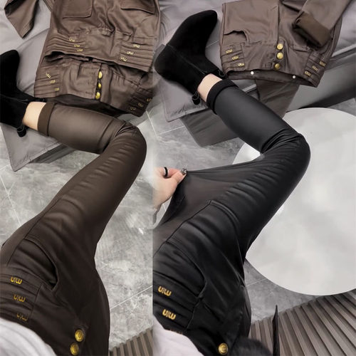 高腰涂层加绒皮裤九分加绒磨毛女