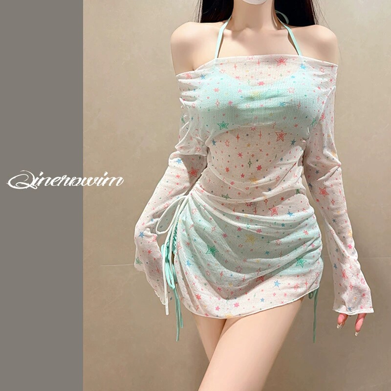 泳衣女分体三件套保守显瘦韩版学院风少女小胸聚拢防晒度假游泳装