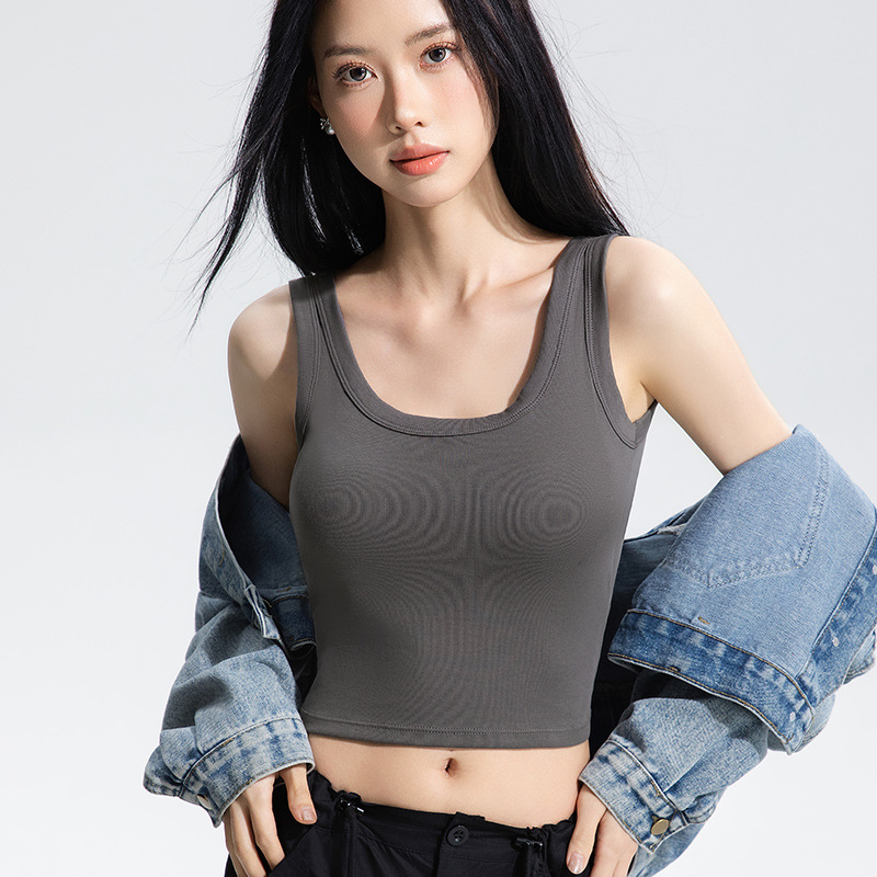 宽肩U领纯棉打底背心女内搭一体固定杯外穿显瘦无袖上衣免穿文胸