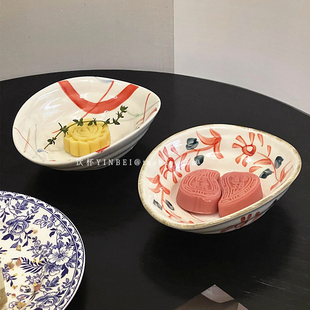 创意复古风手绘元宝陶瓷菜点盘日式氛围特色异形零食点心碗甜点碗