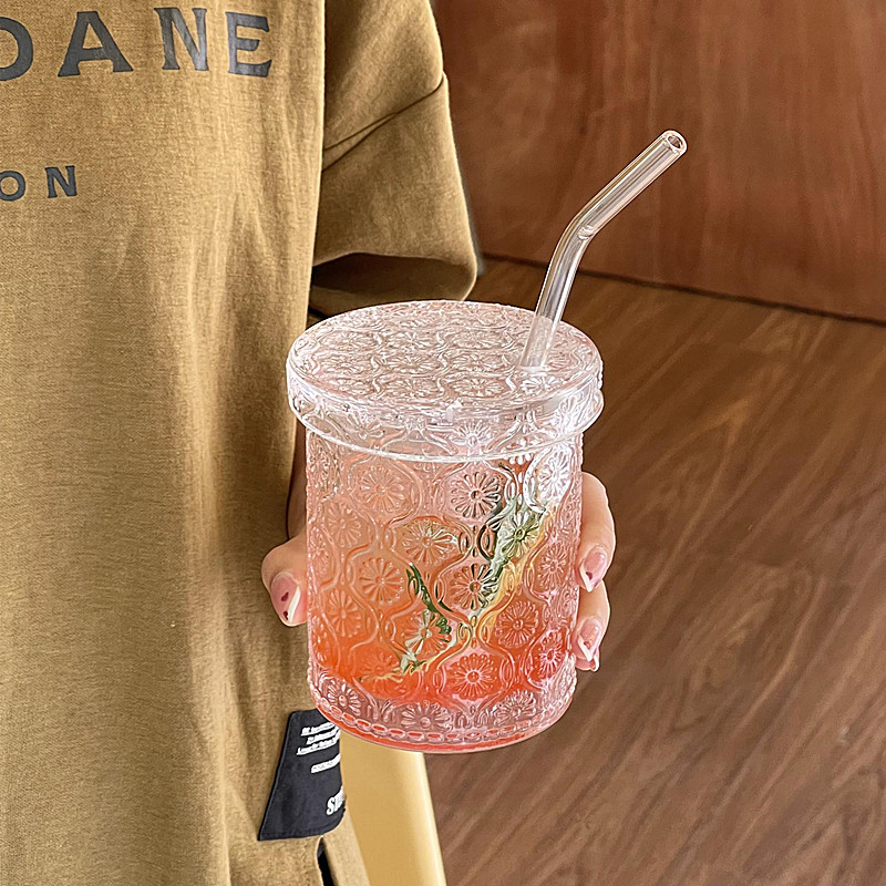 复古ins风浮雕带盖吸管杯冰美式咖啡杯气泡水杯玻璃牛奶杯果汁杯