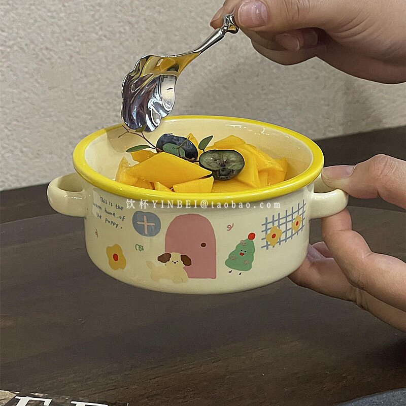 韩式可爱插画小狗碗陶瓷双耳碗