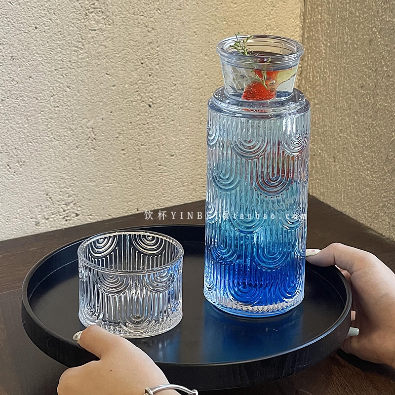 玻璃水杯一壶一杯套装果汁饮料杯ins高颜值浮雕纹水果茶杯冷饮壶