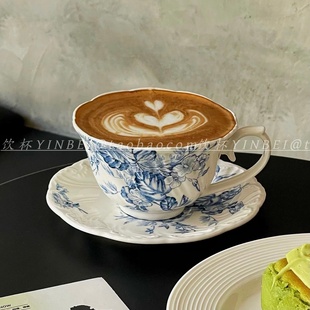 复古ins风凌霄花陶瓷下午茶杯碟咖啡杯中古早餐酸奶杯精致高颜值