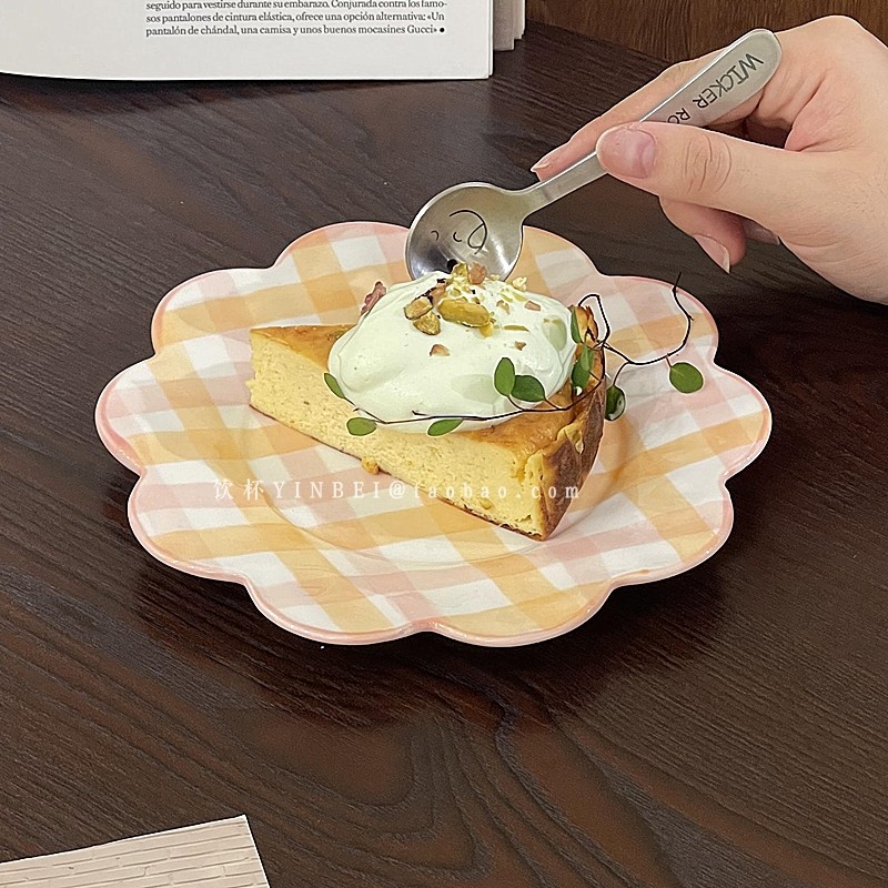 韩式ins手绘格子蛋糕碟子小清新下午茶vintage风花朵甜品盘点心盘