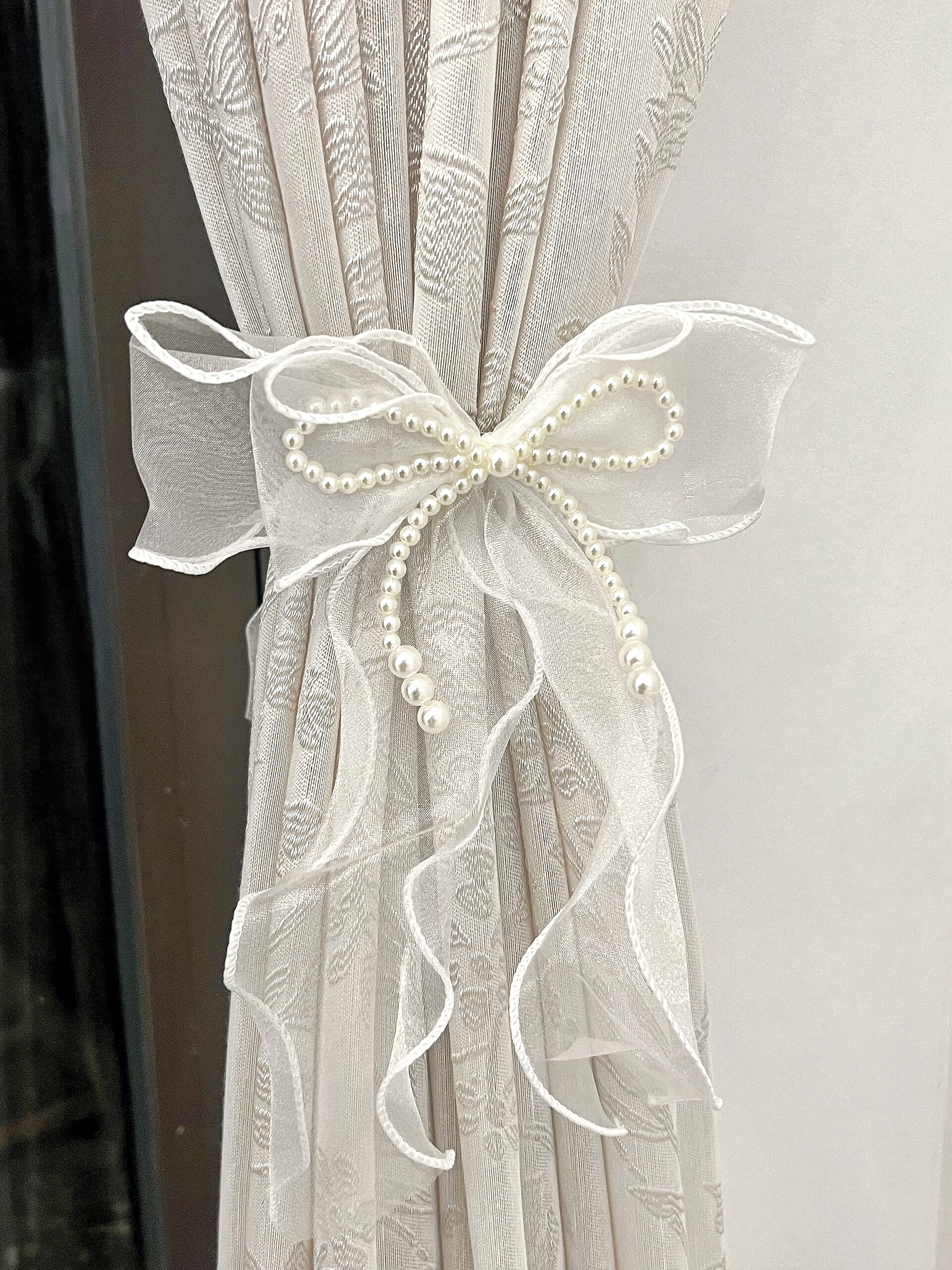 法式窗帘绑带超仙气珍珠纱帘手工蝴蝶结客厅阳台装饰蕾丝绑绳扣环