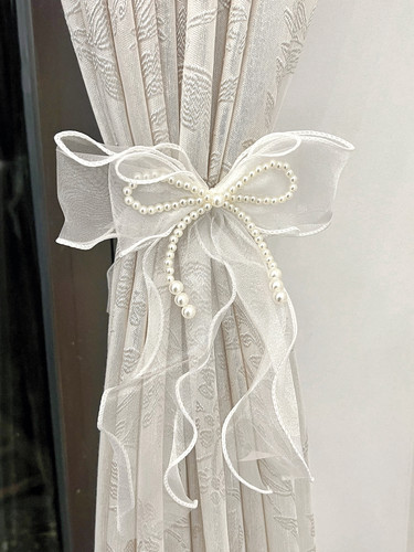 法式窗帘绑带超仙气珍珠纱帘手工蝴蝶结客厅阳台装饰蕾丝绑绳扣环