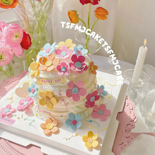 春游ins风翻糖小花蛋糕装饰摆件春日季彩色花朵模具生日插件插牌