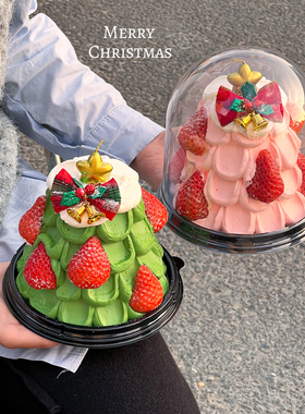 2025圣诞节4寸圣诞树蛋糕装饰透明圆形包装盒蝴蝶结铃铛甜品插件