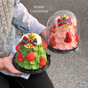 2025圣诞节4寸圣诞树蛋糕装 盒蝴蝶结铃铛甜品插件 饰透明圆形包装