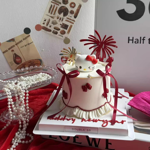 2026新年红色礼花亚克力蛋糕装饰插件卡通kt猫甜品烘焙装扮摆件