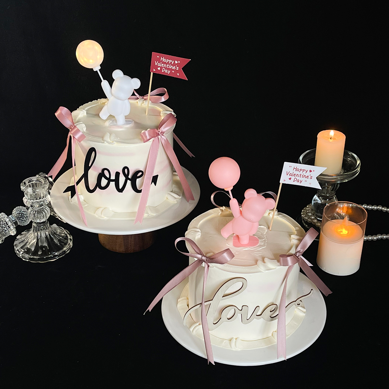 情人节蛋糕装饰网红告白带灯气球小熊love丝带甜品台烘焙节日插件