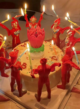 网红特战队蛋糕装饰摆件音乐莲花旋转蜡烛卡通超人持剑生日插件