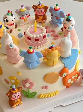 卡通软胶小动物蛋糕装饰摆件老虎猴兔儿童宝男女孩生日烘焙插件0