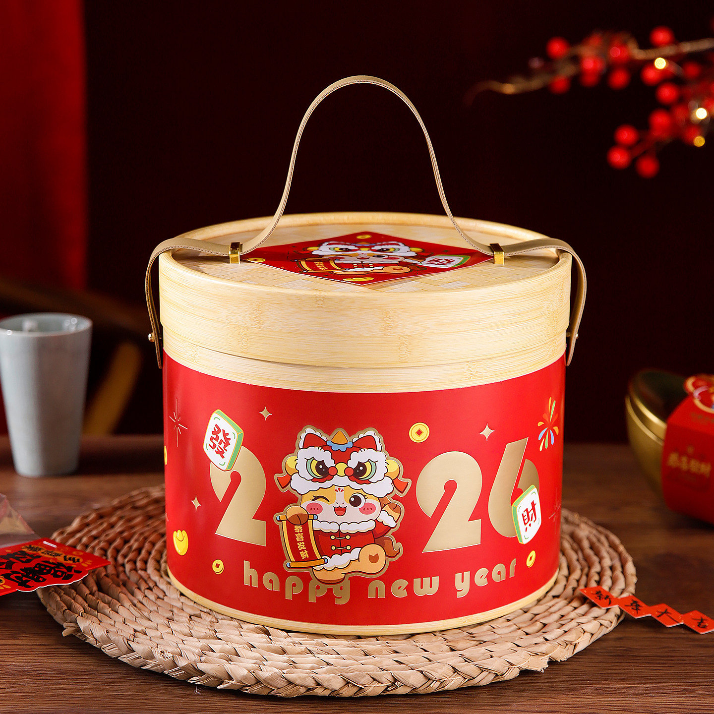 2026新年马年糖果饼干礼盒包装盒卡通高档手提圆桶礼物礼品盒空盒