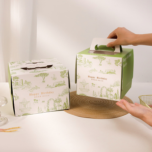 绿色烫金奶油生日手提蛋糕盒千层慕斯西点烘焙包装纸盒戚风奶油