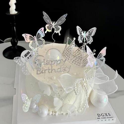 仙女蛋糕装饰珍珠蝴蝶结皇冠摆件钻石HB蝴蝶插件女神生日快乐装扮
