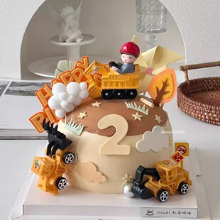 挖掘机推土机拆卸工程车蛋糕装 扮插件w 饰路障摆件男孩儿童生日装