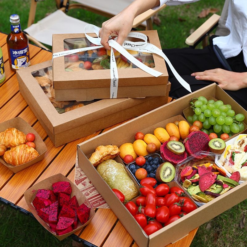 牛皮纸野餐盒子一次性户外露营包装盒水果烤肉秋游纸盒打包外卖盒