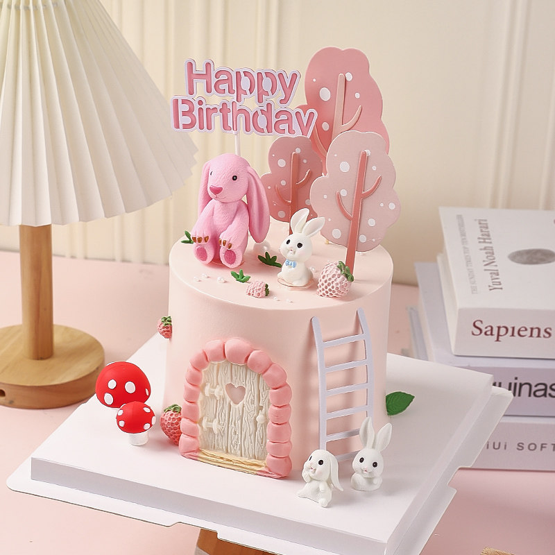 网红兔子蛋糕装饰摆件垂耳兔森系小树蘑菇小兔子甜品满月装扮配件