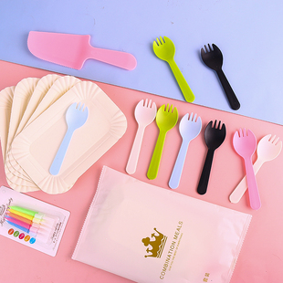 一次性蛋糕盘四件套生日蛋糕刀叉盘套装 透明笑脸刀叉蛋糕餐盘碟子