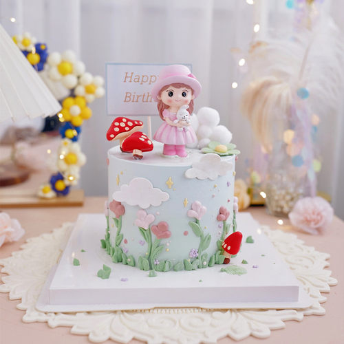 生日蛋糕装饰摆件抱熊兔女孩摆件