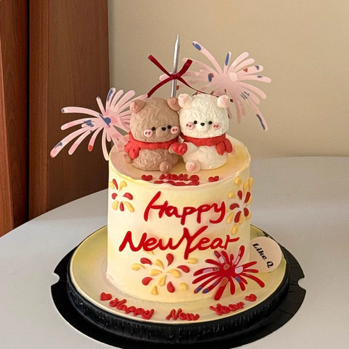 2026新年快乐礼花亚克力蛋糕装饰插牌爱心围巾小熊跨年烘焙摆件