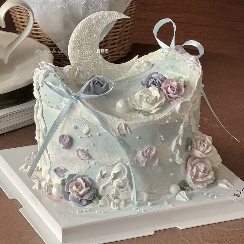 网红520情人节生日烘焙蛋糕装饰品摆件复古珍珠月亮插件许愿丝带