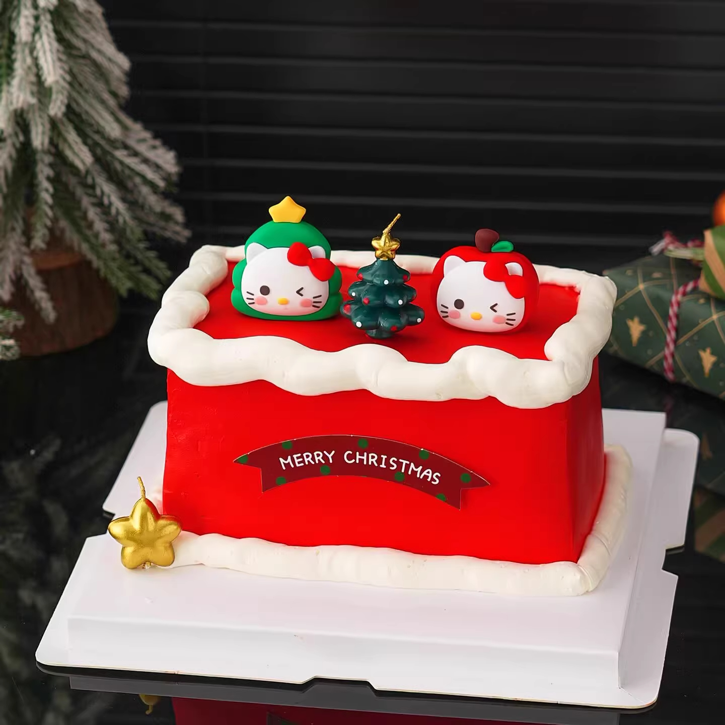 网红圣诞节蛋糕装饰KT猫摆件苹果圣诞树kitty五角星蜡烛装扮插件