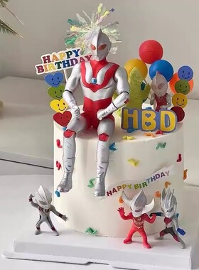 网红儿童蛋糕装饰卡通变形超人奥特曼摆件男孩生日派对烘焙装扮w