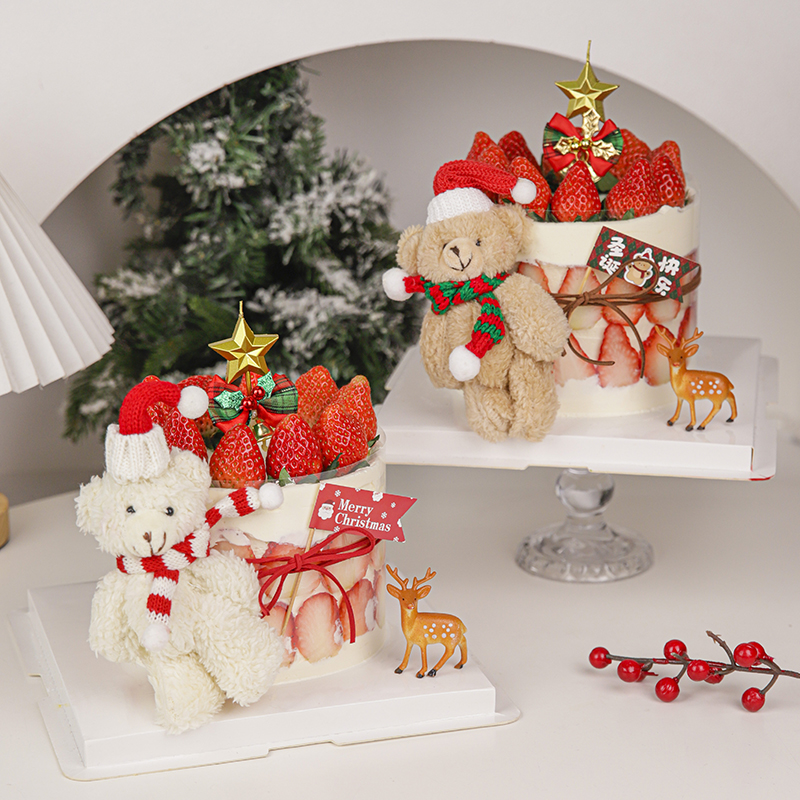 2025圣诞节蛋糕装饰圣诞白熊棕熊戴围巾小帽子雪人麋鹿五角星蜡烛