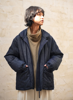 WATEREVER 「空隐」蓝色亚麻棉牛仔绗缝羽绒服保暖轻质90白鸭绒