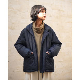 WATEREVER 「空隐」蓝色亚麻棉牛仔绗缝羽绒服保暖轻质90白鸭绒