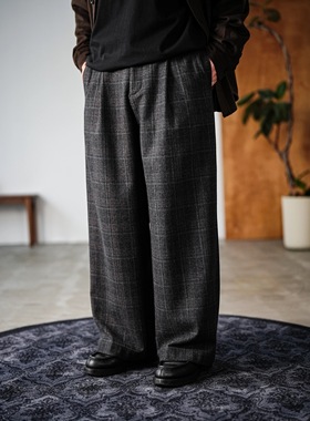 WATEREVER「阡陌」羊毛混纺暗格纹深灰垂感直筒西裤裤勾半松紧