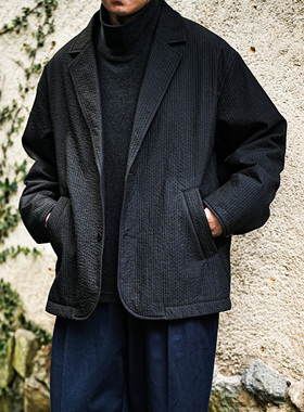 WATEREVER 「暗涌」肌理感羊毛内胆黑色西装轻薄棉服 高级感外套