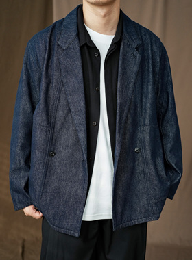 WATEREVER 春秋季双排扣牛仔西装休闲夹克 日系复古简约