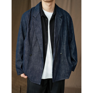 WATEREVER 春秋季双排扣牛仔西装休闲夹克 日系复古简约