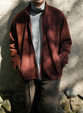 WATEREVER「绒花·绯」美丽诺羊毛绯红色拉链半高领天丝夹克外套