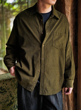 WATEREVER「远方」橄榄色纯棉细腻灯芯绒长袖衬衫 亲肤高级质感