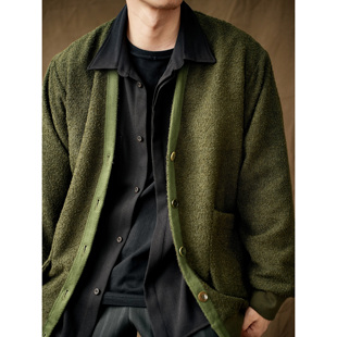 WATEREVER | 草绿色羊毛混纺无领开衫复古羊毛毛圈针织衫保暖夹克