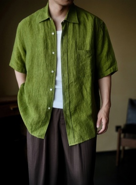 WATEREVER | 「萤火虫」绿色高级光泽感色织汉麻亚麻透气短袖衬衫