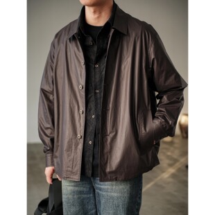 WATEREVER「隐者」咖紫色轻薄长绒棉涂层衬衫式翻领皮感夹克外套