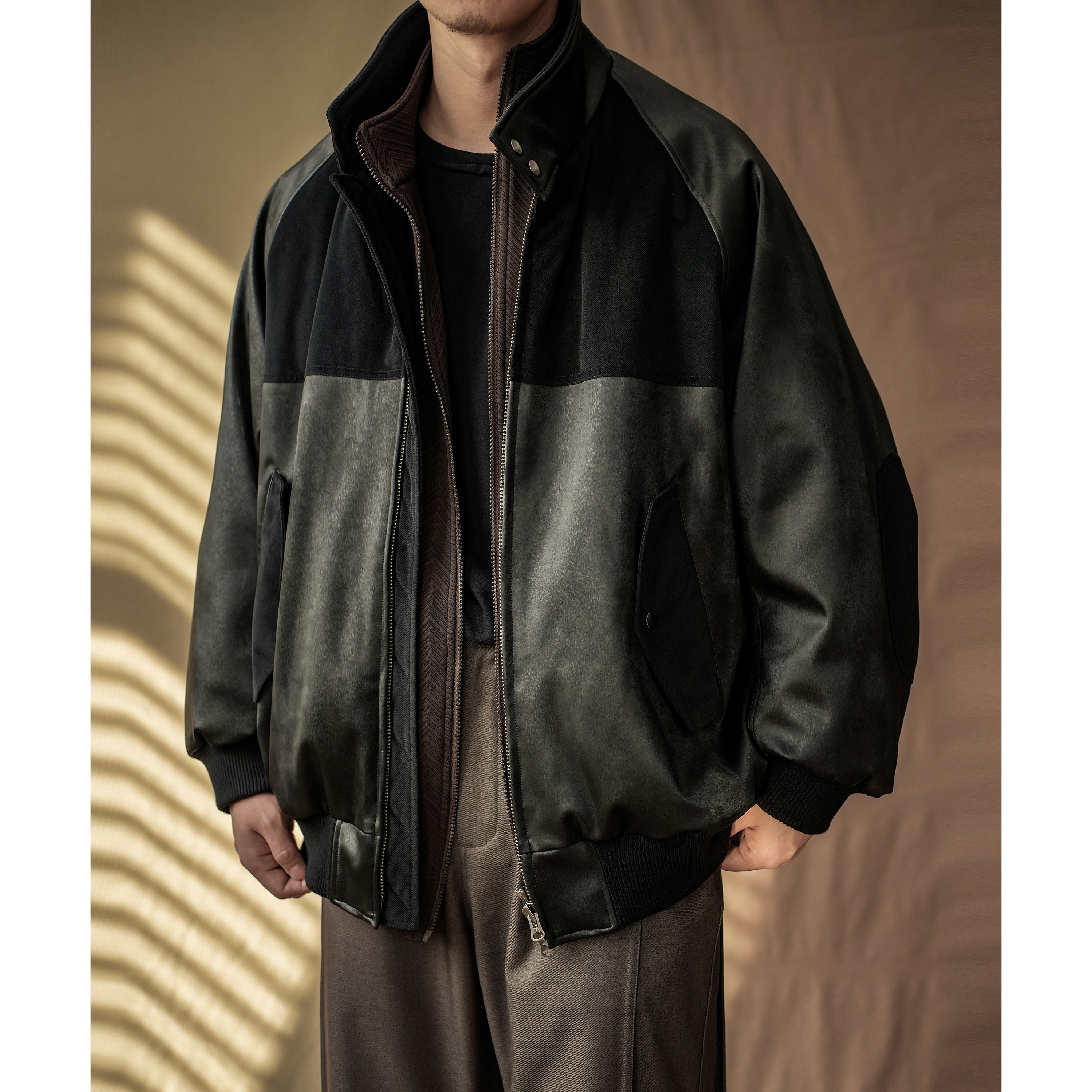 WATEREVER | 黑色进口马毛肌理PU拼接棉服 蝙蝠袖哈灵顿棉衣夹克