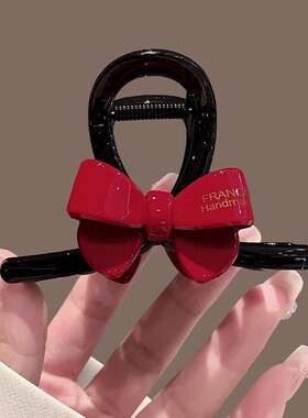 安可拉红色蝴蝶结发夹女后脑勺发抓夹中号简约气质鲨鱼夹高级感