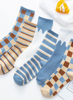 袜子女中筒袜ins潮蓝色秋冬季纯色款男条纹格子棉日系透气长筒袜