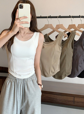 白色吊带工字背心女2024夏季新款打底内搭带胸垫辣妹短款无袖上衣