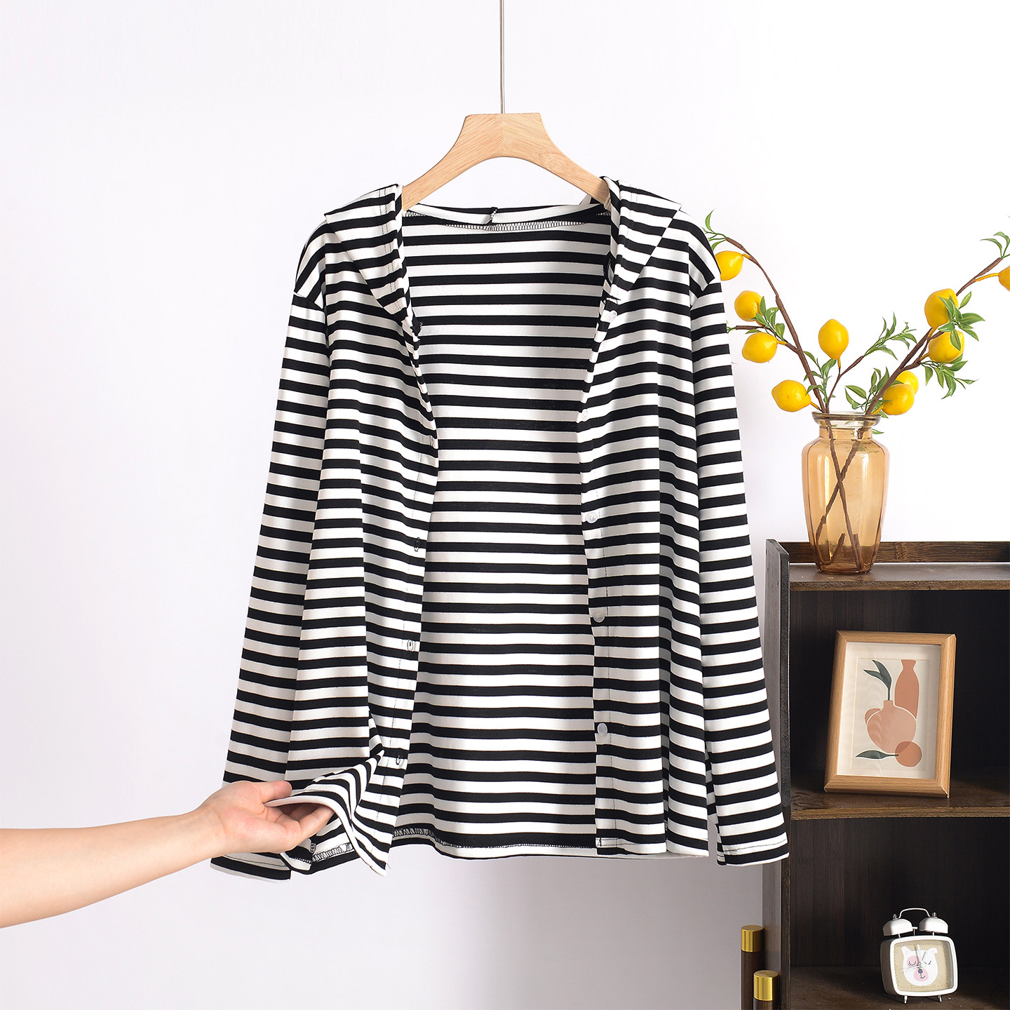 秋冬条纹长袖连帽外套